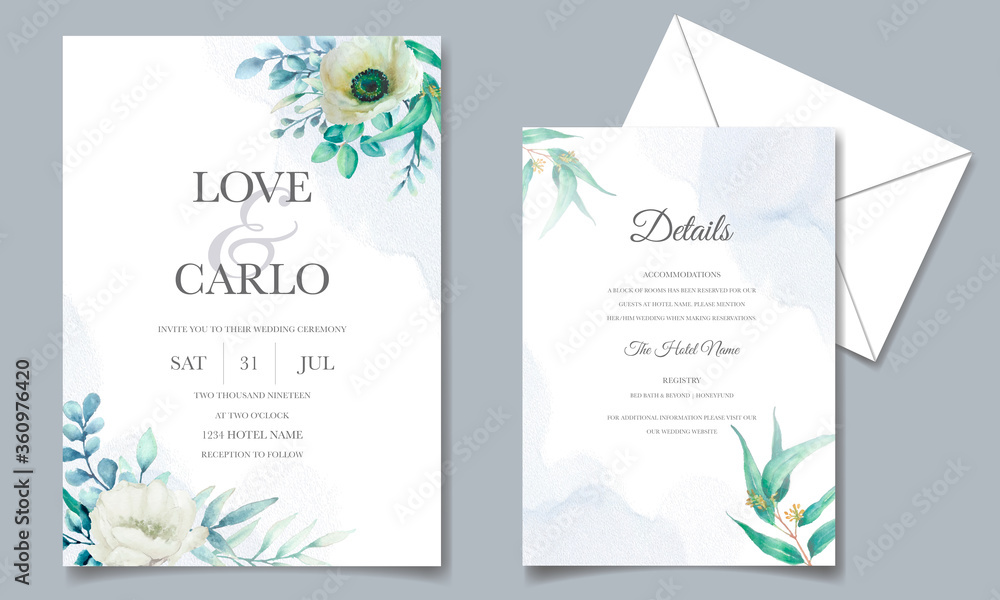 Beautiful watercolor floral wreath wedding invitation card template