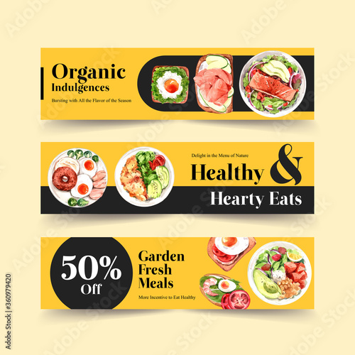 Healthy food banner template design for voucher,brochure and advertisement watercolor vector illustration