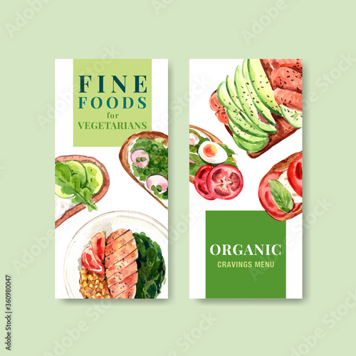 Healthy and organic food flyer template design for voucher,brochure and advertisement watercolor vector illustration