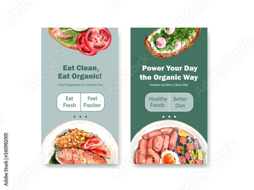 Instagram template with healthy and organic food design for social media,online community and internet watercolor vector illustration