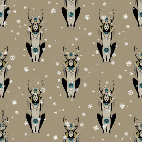 Seamless pattern with fantastic characters and winter snowflakes. Young shaman girl with deer antlers and coyote totem trickster animal man. Female and male archetypes. Native American Christmas.