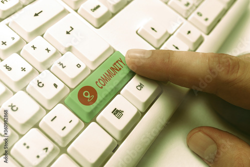 Word writing text Community. Business photo showcasing group of showing with a common characteristics living together White pc keyboard with empty note paper above white key copy space photo