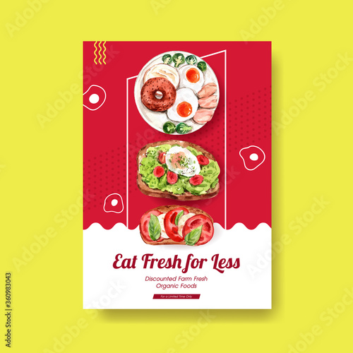 Poster template with healthy and organic food design for banner,brochure,leaflet and advertisement watercolor vector illustration