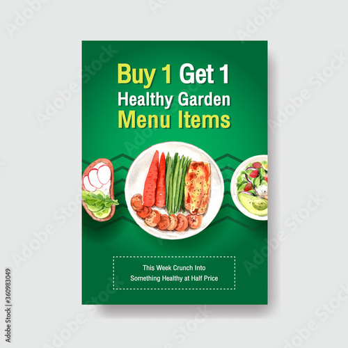 Poster template with healthy and organic food design for banner,brochure,leaflet and advertisement watercolor vector illustration