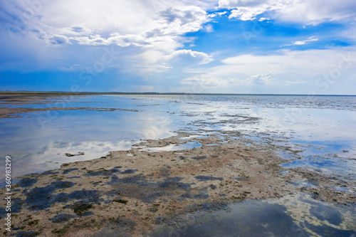 Lake Ebeyty  the largest salt lake in Omsk region  Russia   contains therapeutic mud. Beautiful natural view of pond and blue sky. Trip on weekend.