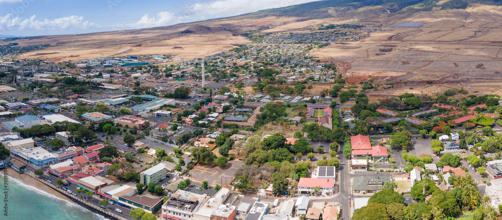 Unique panoramic perspective of old lahaina town in Maui