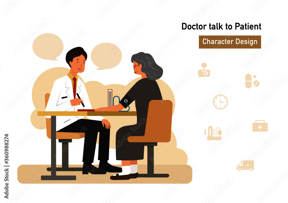 male doctor talk to old woman cartoon character design