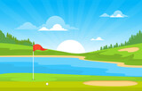 Golf Field Flag Pond Grass Tree Outdoor Sport Landscape