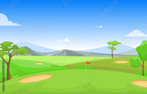 Golf Field Flag Green Grass Tree Outdoor Sport Landscape