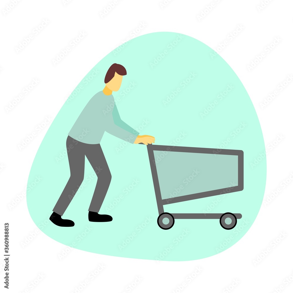 Vector illustration of a person pushing a trolley. Shopping basket. Vector illustration of a person pushing a trolley. Shopping basket.