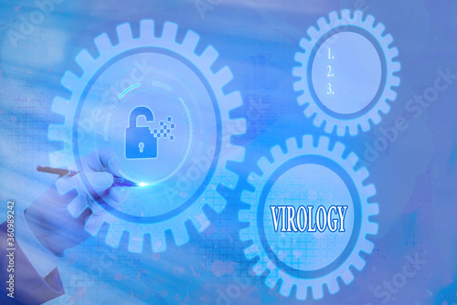 Writing note showing Virology. Business concept for branch of science dealing with the variety of viral agents and disease Graphics padlock for web data information security application system photo