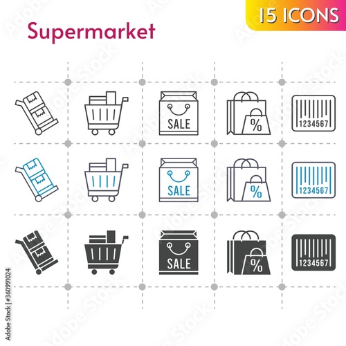 supermarket icon set. included shopping bag, shopping cart, barcode, trolley icons on white background. linear, bicolor, filled styles.