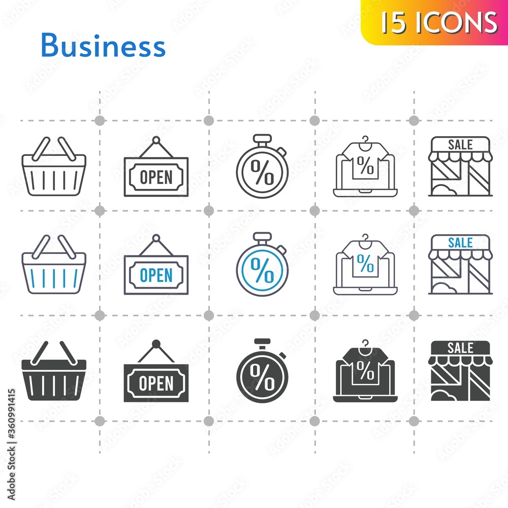business icon set. included online shop, shop, shopping-basket, shopping basket, open, stopwatch icons on white background. linear, bicolor, filled styles.