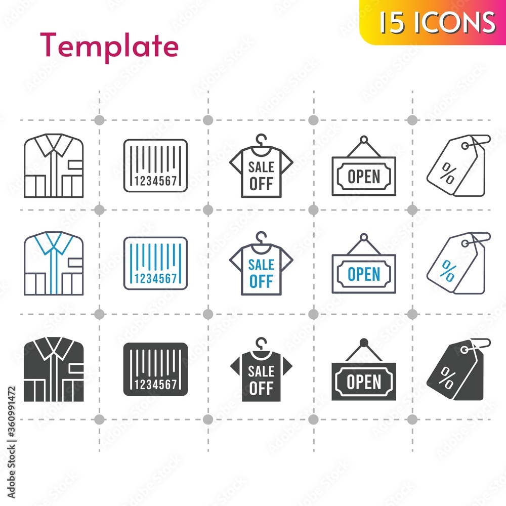 template icon set. included shirt, price tag, barcode, open icons on white background. linear, bicolor, filled styles.