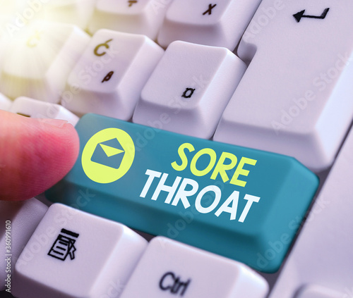 Text sign showing Sore Throat. Business photo text Inflammation ot the pharynx and fauces resulted from an irritation White pc keyboard with empty note paper above white key copy space photo