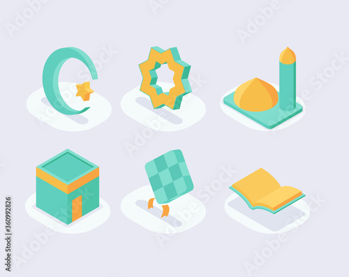moslem icon set collection with isometric style and green color theme vector