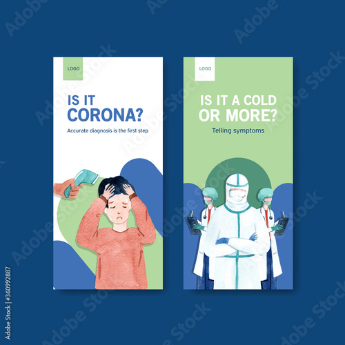 Illnesses flyer design with people and doctor characters infographic symptomatic watercolor vector illustration