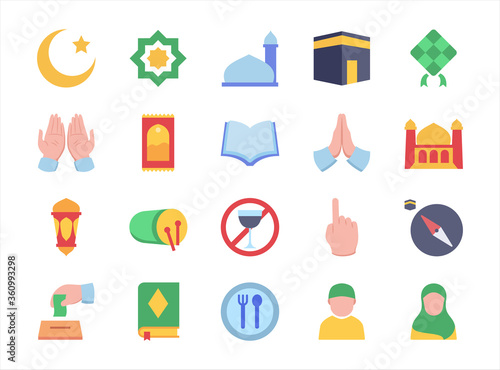 Moslem icon set mosque praying hand mosque crescent moon rug fasting lantern apologize filled color style flat design.