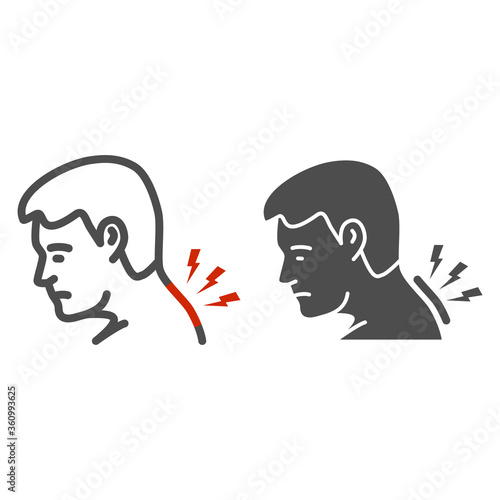 Neck pain line and solid icon, Body pain concept, Man suffering from neck ache sign on white background, man with pain in his neck icon in outline style for mobile and web design. Vector graphics.
