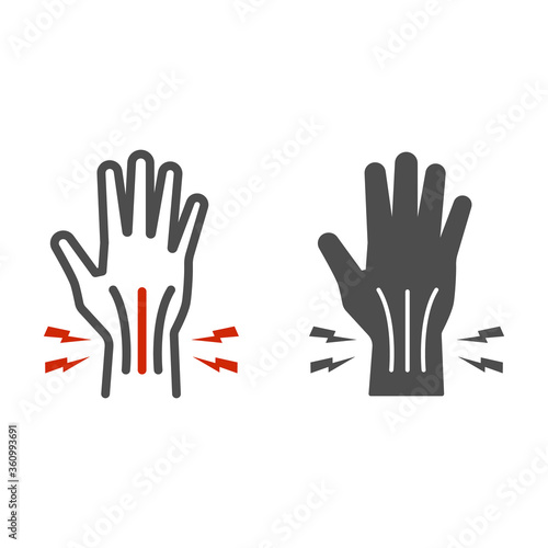 Pain in hand line and solid icon, Body pain concept, injury in hand joint sign on white background, Human hand and wrist pain caused by arthritis icon in outline style for mobile. Vector graphics.