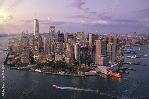 Aerial view of New York City and Hudson river during sunset