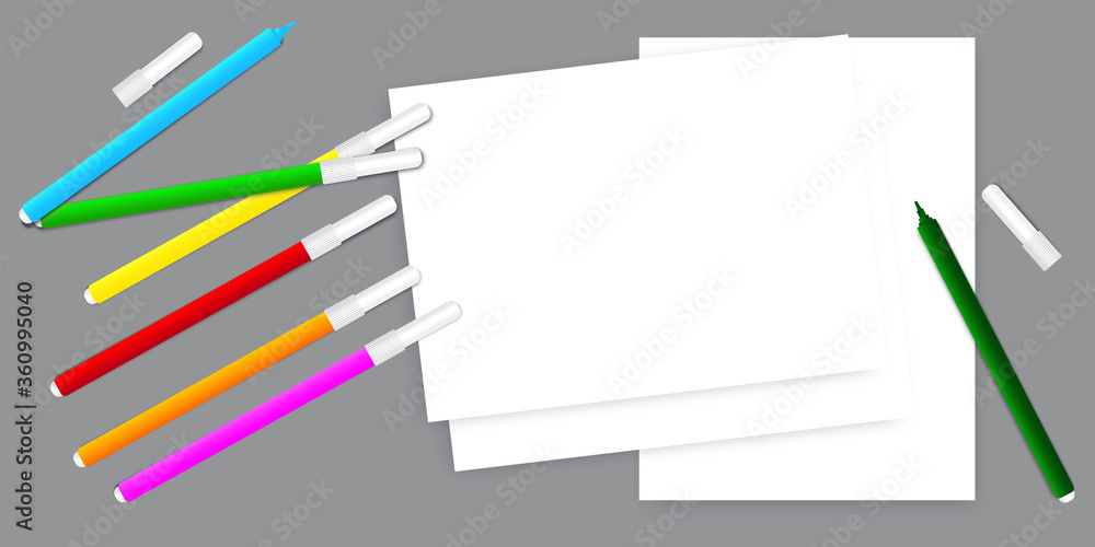 Items for school. Markers and paper for drawing. Vector image of stationery tools.