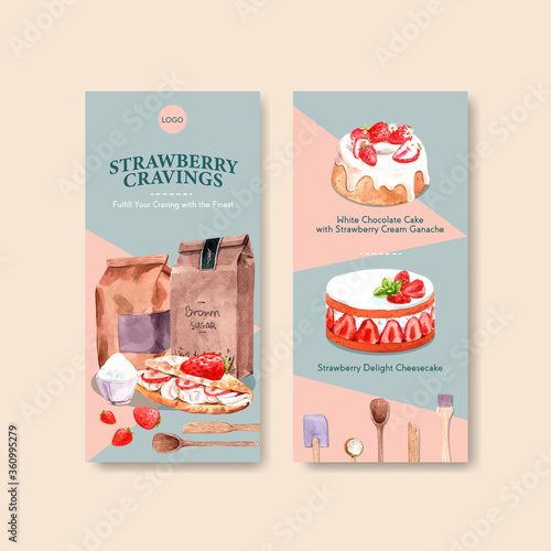 Strawberry baking flyer template design for brocure,leaflet and advertise watercolor illustration