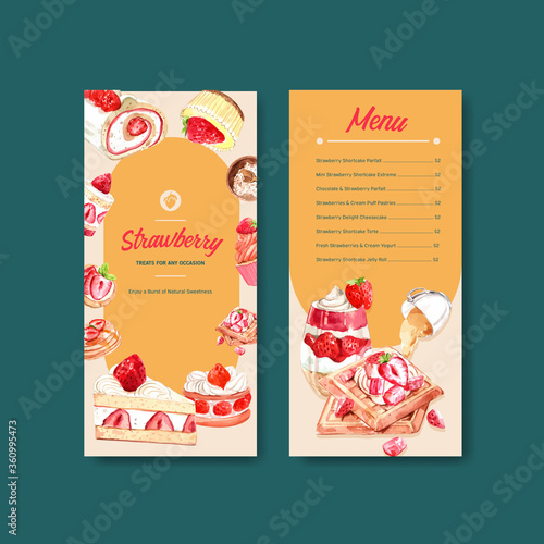 Strawberry baking flyer template design for brocure,leaflet and advertise watercolor illustration