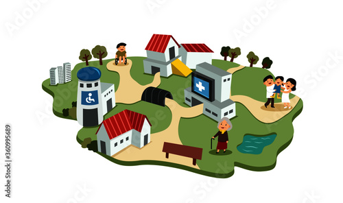 people disability cartoon in city scape background