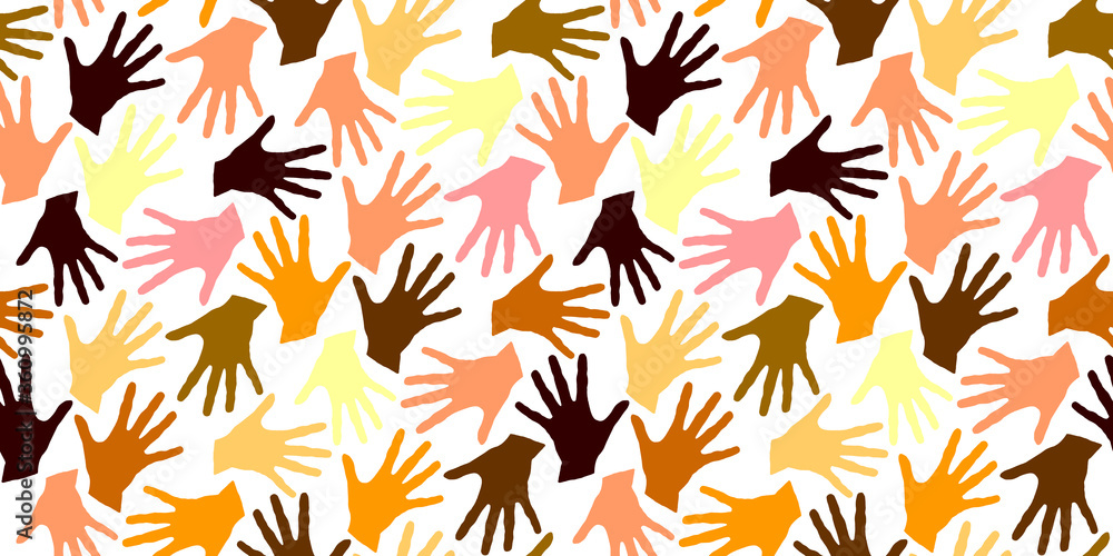 Fototapeta premium Seamless pattern with palm prints. Symbol of racial and national equality, friendship, happy childhood, world peace, unity of peoples and globalization