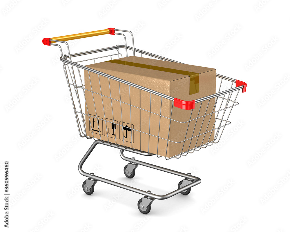 cargo box into shopping cart on white background. Isolated 3D illustration