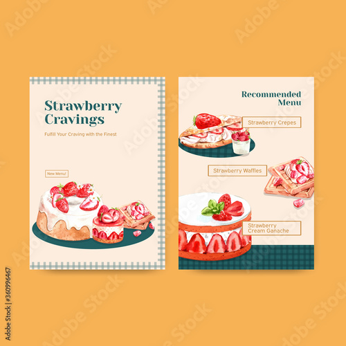 Menu template with strawberry baking design for restaurant,cafe,bistro and food shop watercolor illustration