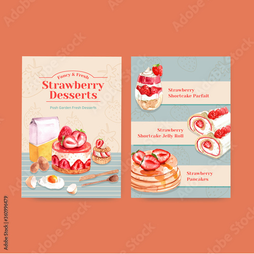 Menu template with strawberry baking design for restaurant,cafe,bistro and food shop watercolor illustration
