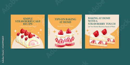 Advertise template with strawberry baking design for brochure,information,leaflet and booklet watercolor illustration