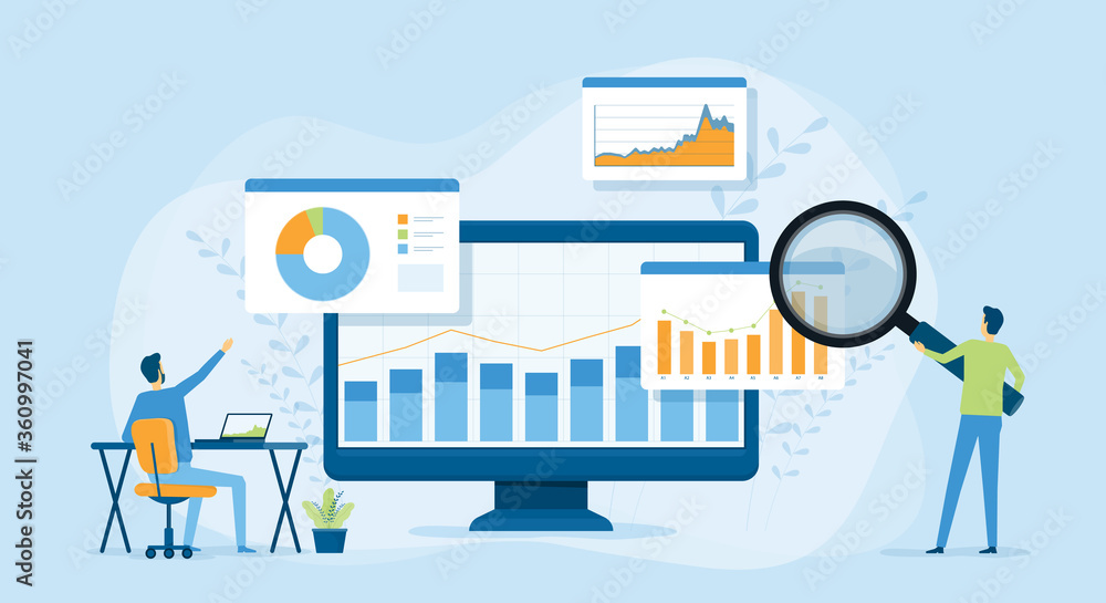 Flat vector design statistical and Data analysis for business finance investment concept with business people team working on monitor graph dashboard Flat vector design statistical and Data analysis for business finance investment concept with business people team working on monitor graph dashboard