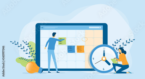 Flat vector illustration design Business planning concept and Business people team working with digital online calendar photo