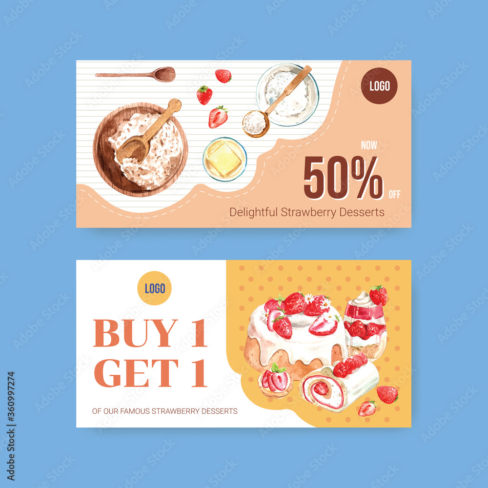 Twitter template with strawberry baking design social media,online community and internet watercolor illustration