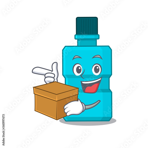 A smiling mouthwash cartoon mascot style having a box