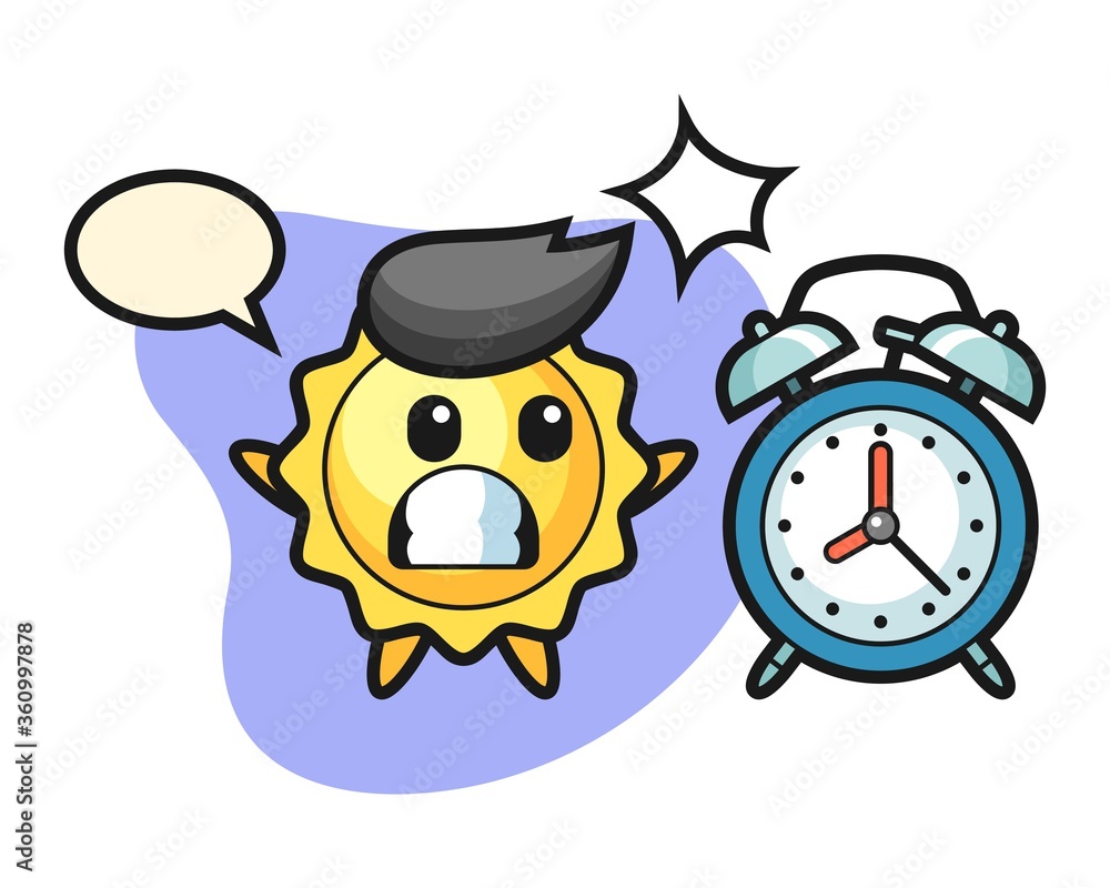 Fototapeta premium Sun cartoon surprised with a giant alarm clock