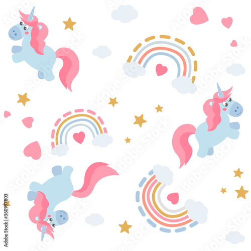 Seamless pattern, unicorn and rainbow. Love and LGBT theme. Hand drawn illustration great for wallpaper, textile and texture design. Kids design, fabric, wrapping, apparel.