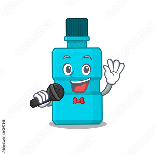 caricature character of mouthwash happy singing with a microphone