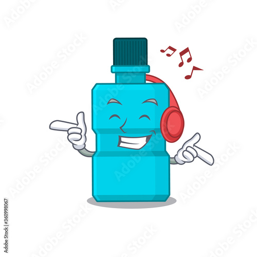 A Caricature design style of mouthwash listening music on headphone