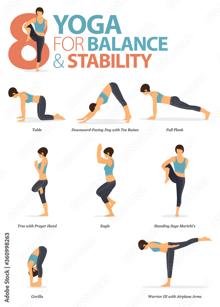8 Yoga poses for workout in Balance and Stability concept. Woman