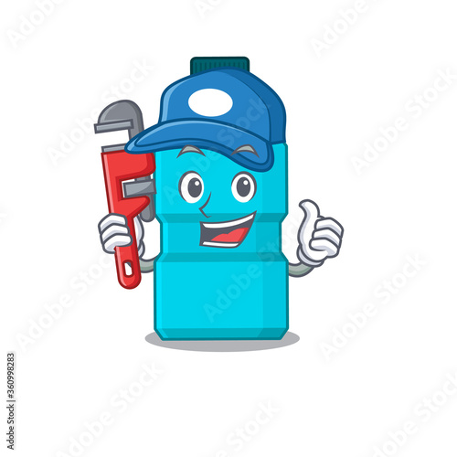 cartoon mascot design of mouthwash as a Plumber with tool