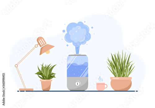 Humidifier with house plants. Equipment for home or office. Ultrasonic air purifier in the interior. Cleaning and humidifying device. Modern vector illustration in flat cartoon style.