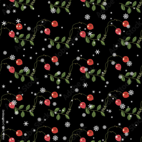 Seamless floral pattern with branches of cranberry plant with red berries under snowflakes. Cute seasonal motif. On black background.