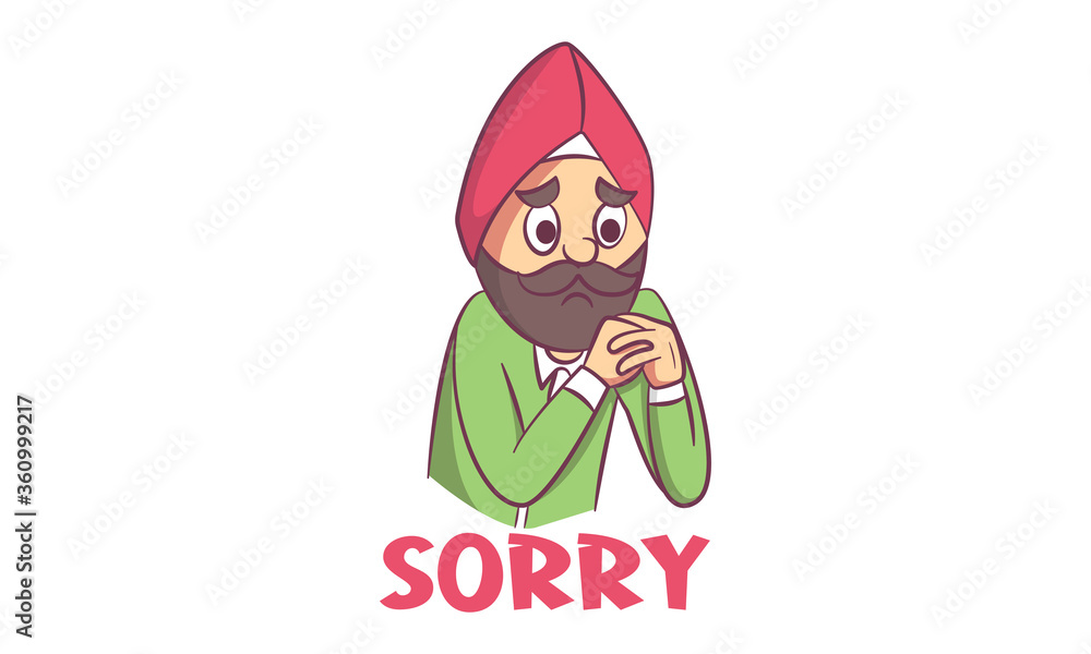 Vector cartoon illustration of sad Punjabi man. Lettering text- sorry.  Isolated on white background. Stock Vector | Adobe Stock
