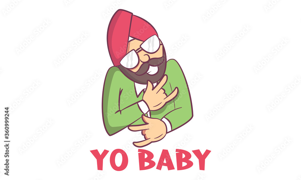 Vector cartoon illustration of happy Punjabi man wearing sunglasses.  Lettering text- yo baby. Isolated on white background. Stock Vector | Adobe  Stock