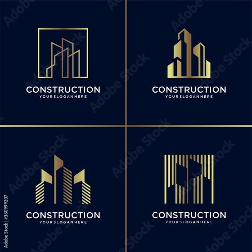 Golden construction logo collection, building, gold, architect, modern, abstract, Premium Vector