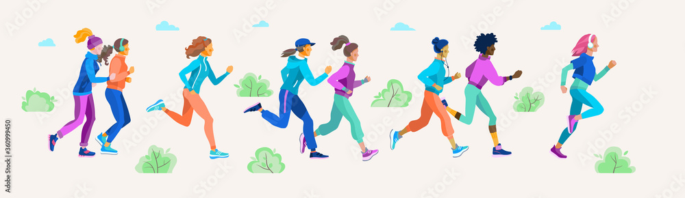 Fit beautiful girls on a jogging in the Park or square. Vector illustration of young women of various races running in outdoor among nature.